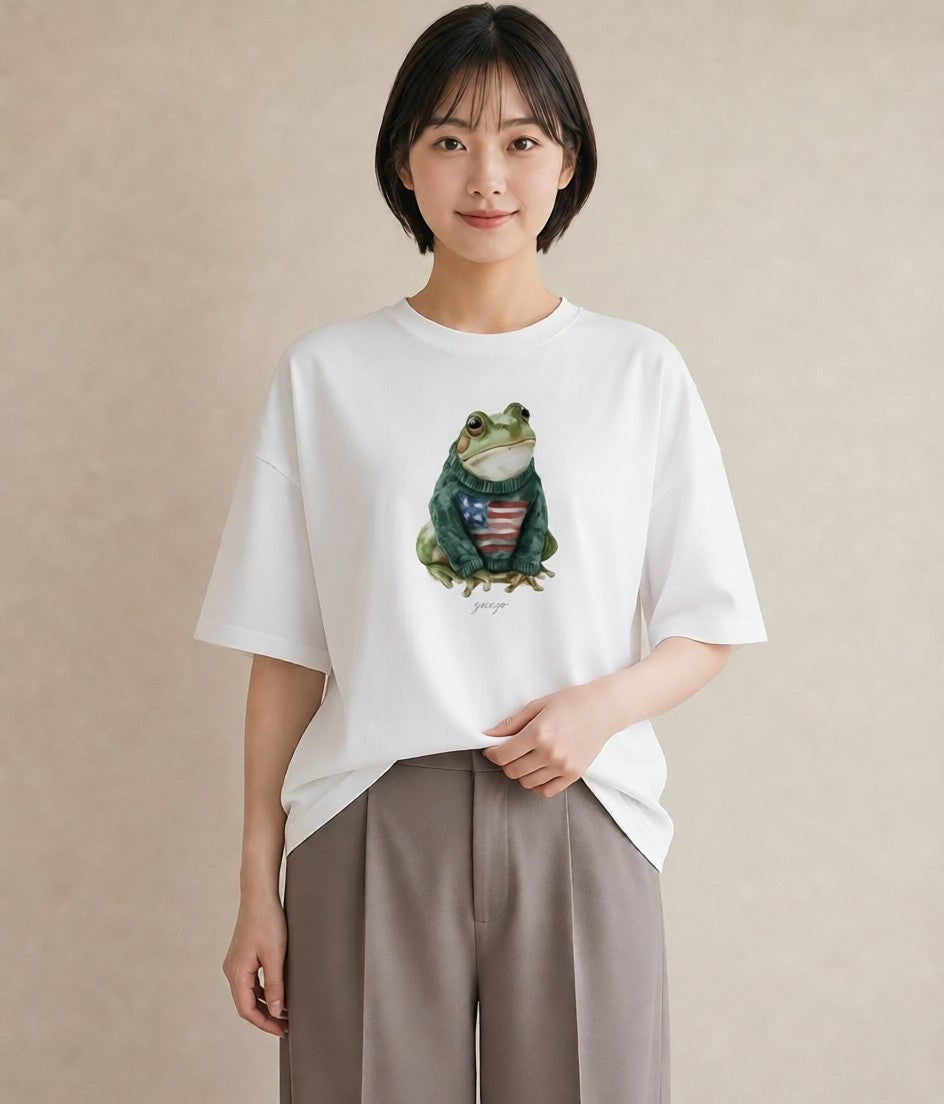 グラフィックTシャツ レディース アマガエル ペット 動物 イラスト 休日コーデ 旅行用 海 白T