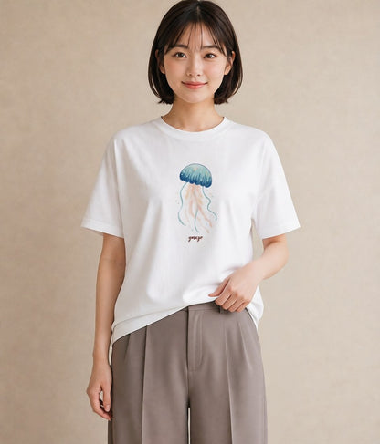 プリントTシャツ レディース くらげ クラゲ 海の生き物 海 イラスト 可愛い 普段着 週末コーデ 白T