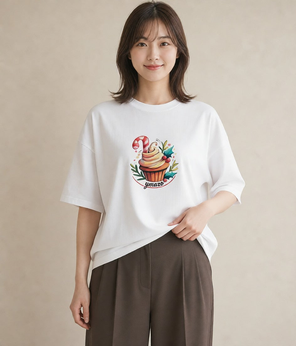 プリントTシャツ レディース マフィン 食べ物 フード イラスト 線画 ママ カフェ服 白T