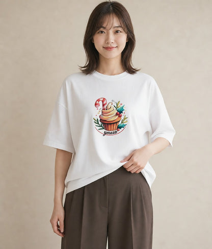 プリントTシャツ レディース マフィン 食べ物 フード イラスト 線画 ママ カフェ服 白T