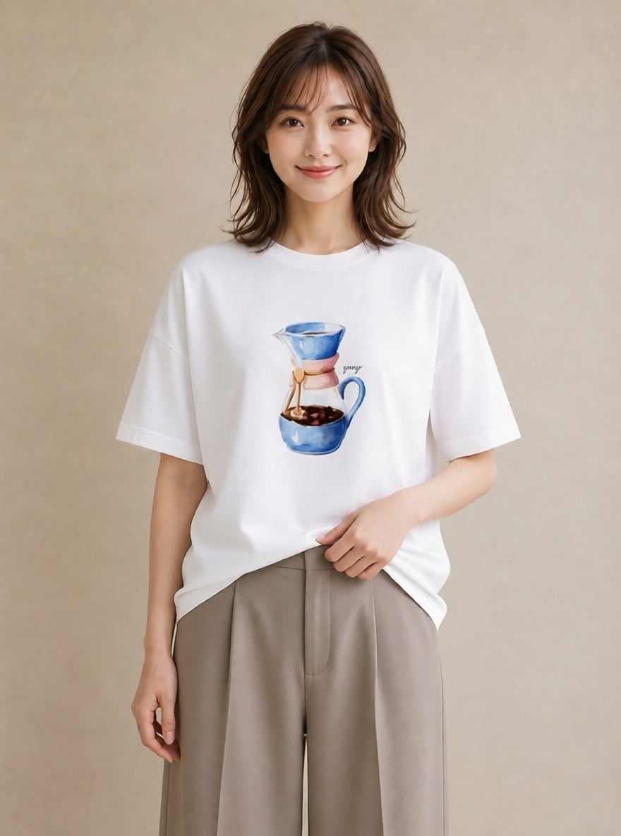 デザインTシャツ レディース コーヒー 珈琲 カフェ 食べ物 フード イラスト ポップ ビーチ デイリーウェア 白T