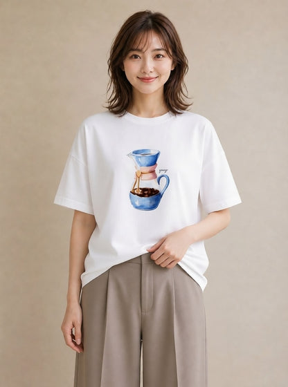 デザインTシャツ レディース コーヒー 珈琲 カフェ 食べ物 フード イラスト ポップ ビーチ デイリーウェア 白T