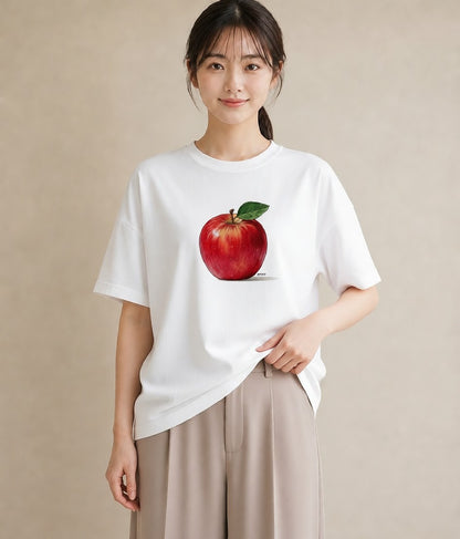 半袖Tシャツ レディース りんご 林檎 アップル 食べ物 フード イラスト レトロ カフェ服 クリスマス 白T