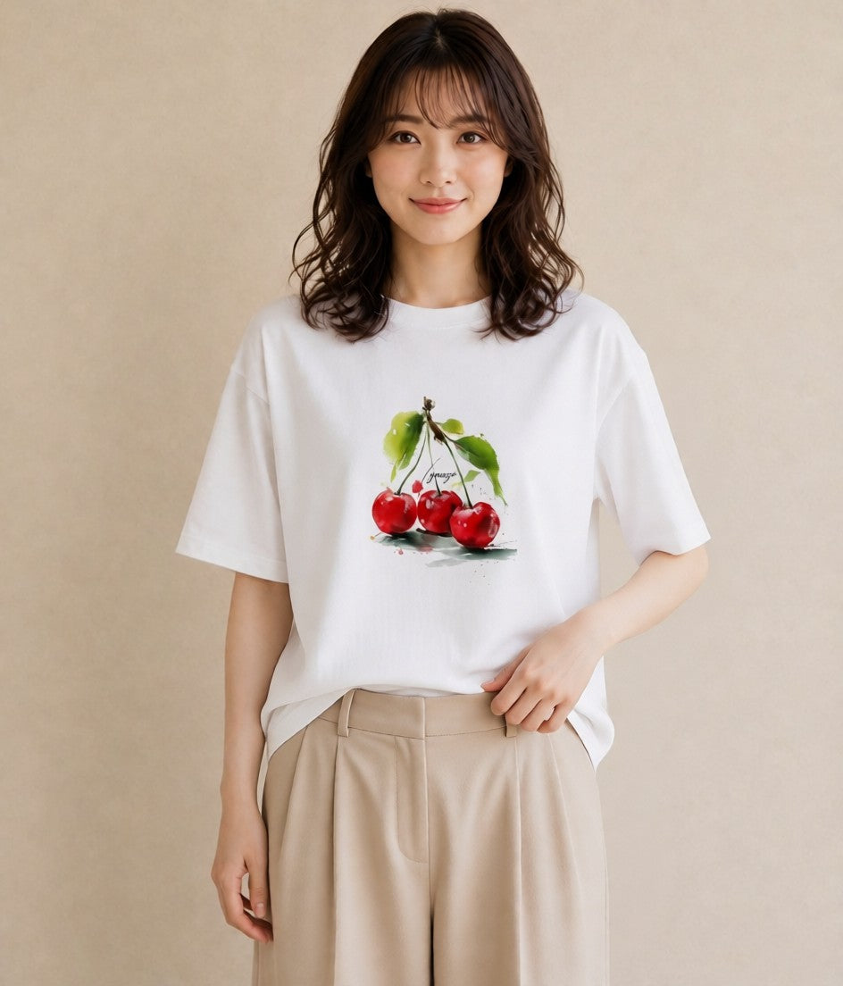Tシャツ レディース さくらんぼ チェリー 食べ物 フード イラスト 休日コーデ 公園 ママ 白T