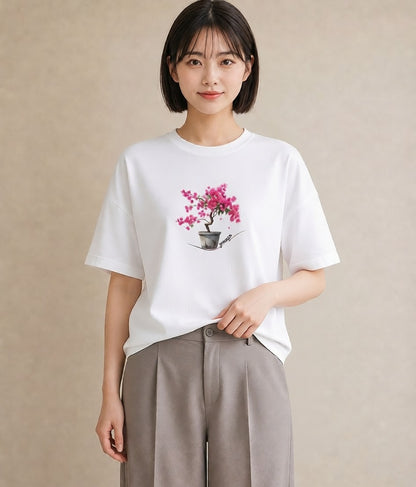 デザインTシャツ レディース 盆栽 植物 ボタニカル イラスト レトロ 普段着 週末コーデ 白T