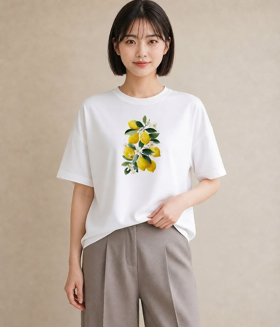 プリントTシャツ レディース レモン 檸檬 食べ物 フード イラスト 手描き風 カフェ巡り 女子会 白T