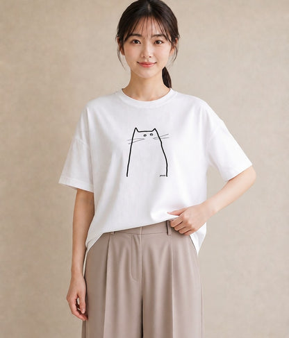 プリントTシャツ レディース 猫 ねこ ネコ イラスト きれいめ 敬老の日 ホワイトデー 白T