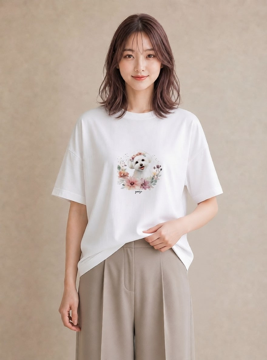 グラフィックTシャツ レディース ビションフリーゼ 犬 いぬ イラスト 水彩風 20代 カジュアルコーデ 白T