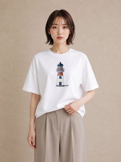 Tシャツ レディース 灯台 霧 海 ナチュラル アンティーク イラスト お洒落 カジュアルコーデ 買い物 白T