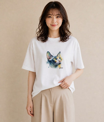 グラフィックTシャツ レディース シャム柄 猫 ねこ イラスト きれいめカジュアル 部屋着 女性向けギフト 白T