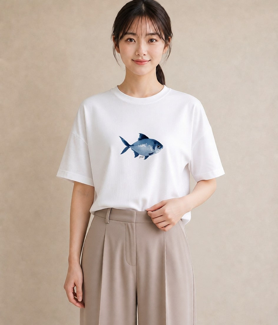 半袖Tシャツ レディース メダカ ペット 動物 イラスト 韓国風 ミセス 春コーデ 白T