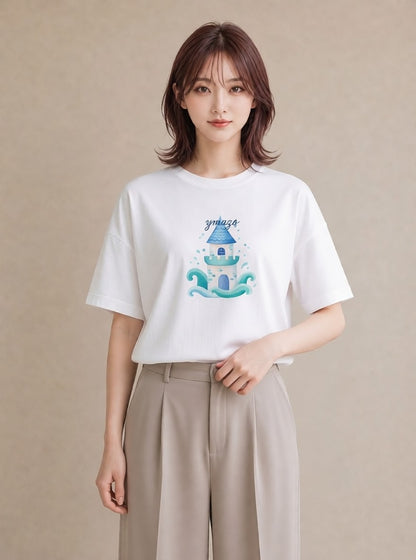 半袖Tシャツ レディース 海 星空 宇宙 イラスト 線画 通勤 在宅 白T