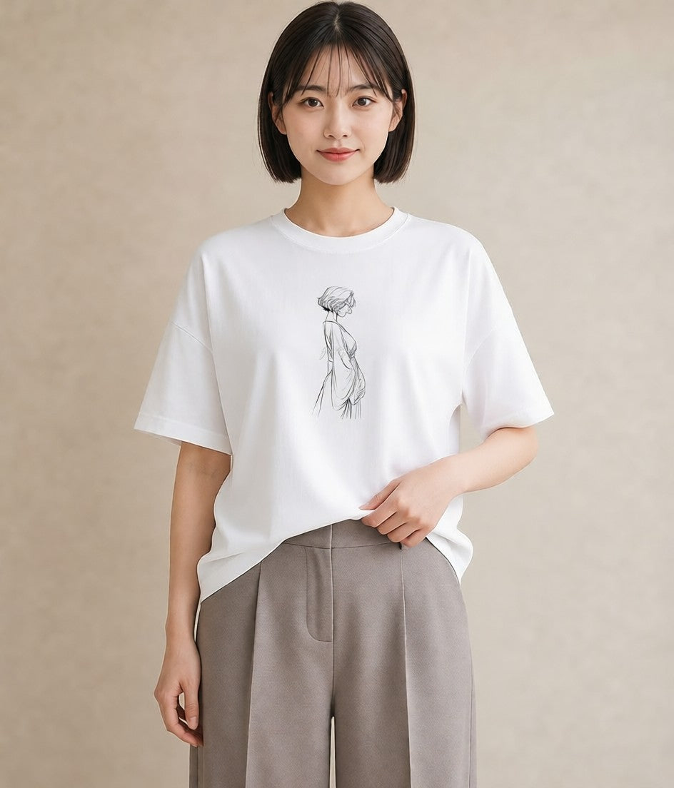 グラフィックTシャツ レディース 女の子 ガール 後ろ姿 イラスト 旅行コーデ 送別ギフト 通勤 白T