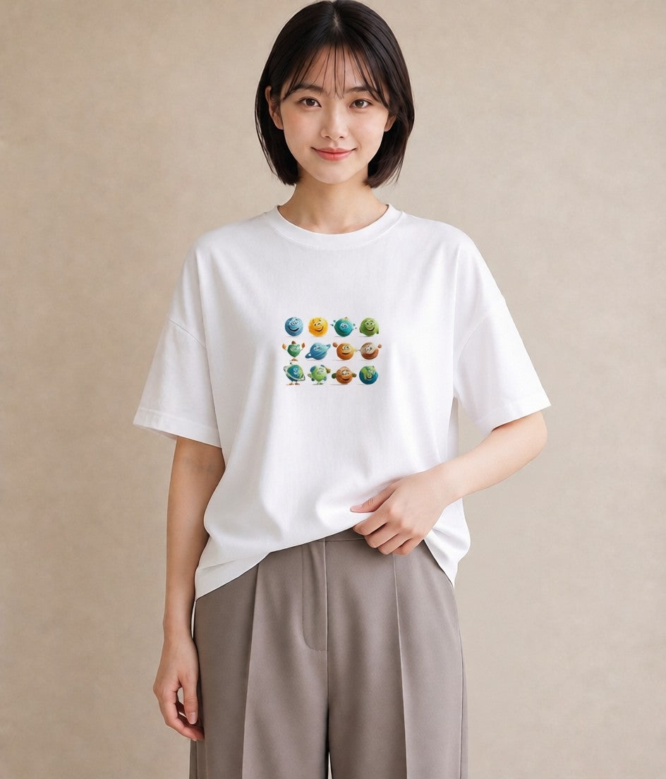 グラフィックTシャツ レディース 惑星 星空 宇宙 イラスト こなれ感 春服 ミセス 白T