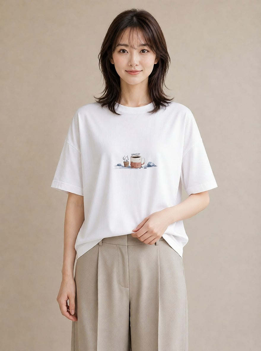 プリントTシャツ レディース ココア 食べ物 フード イラスト アート風 20代 カジュアルコーデ 白T