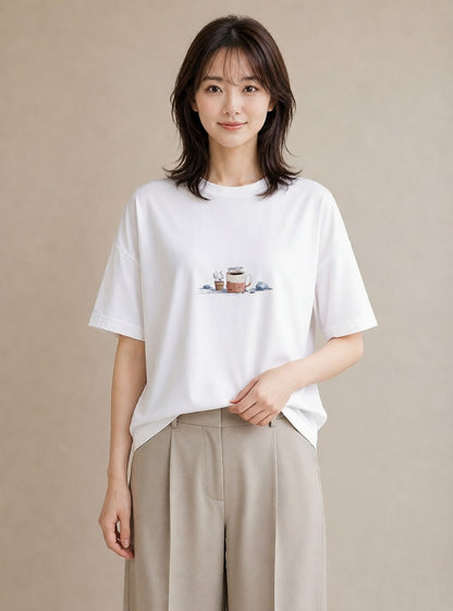 プリントTシャツ レディース ココア 食べ物 フード イラスト アート風 20代 カジュアルコーデ 白T