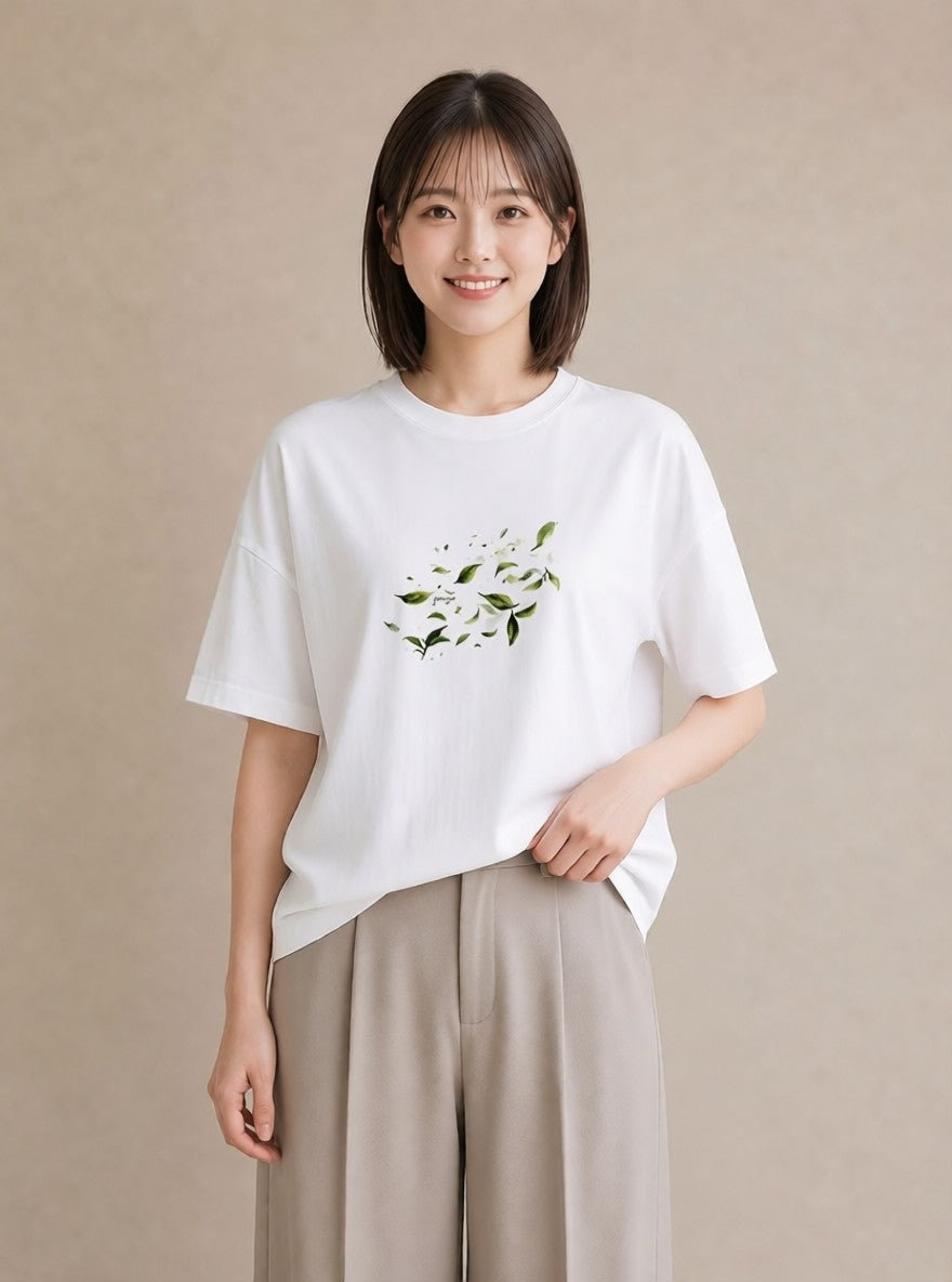 グラフィックTシャツ レディース 新緑 植物 ボタニカル イラスト アート風 普段着 週末コーデ 白T