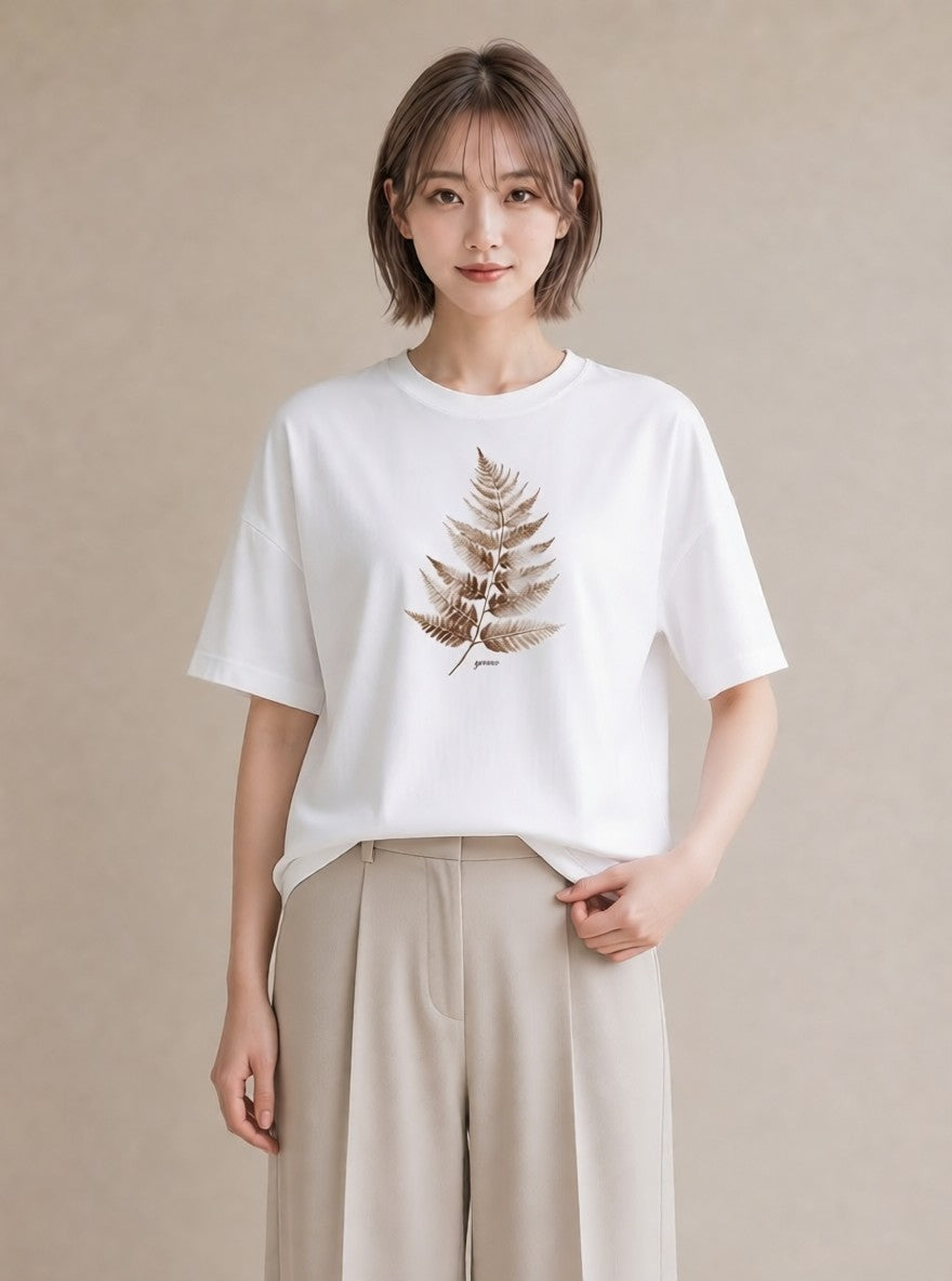 半袖Tシャツ レディース シダ 植物 ボタニカル イラスト 旅行コーデ 在宅 公園 白T