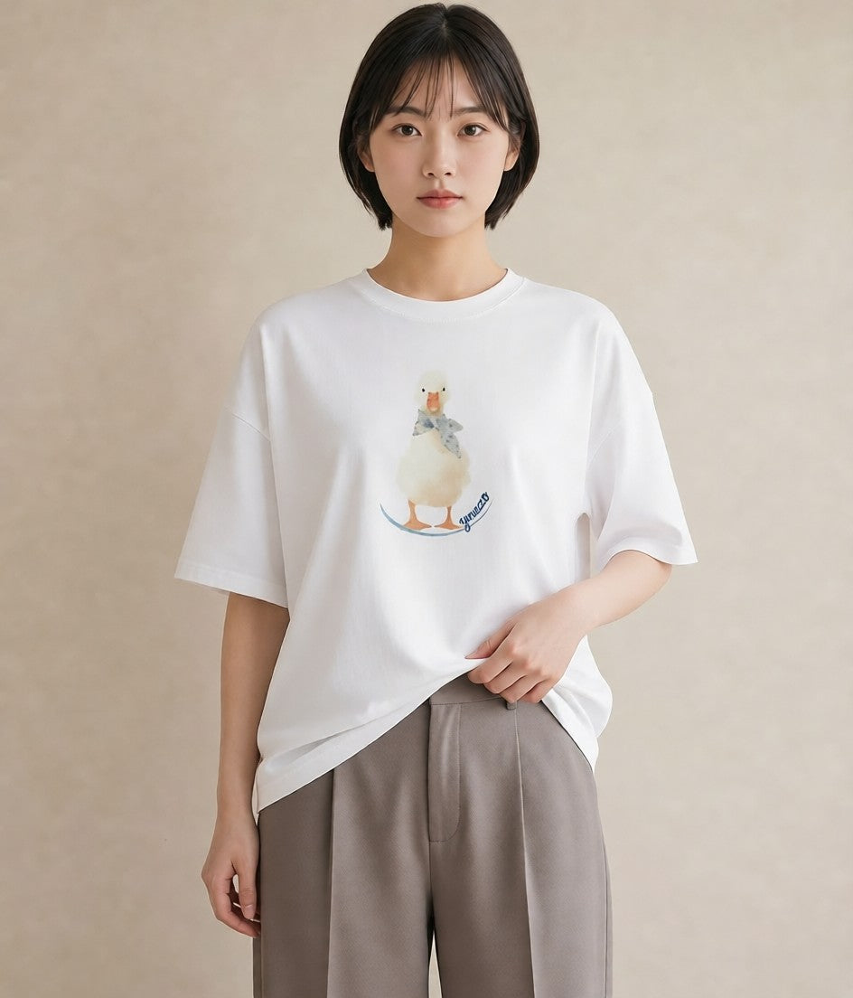 Tシャツ レディース ハクチョウ 動物 アニマル イラスト アート風 帰省 ラフ 白T