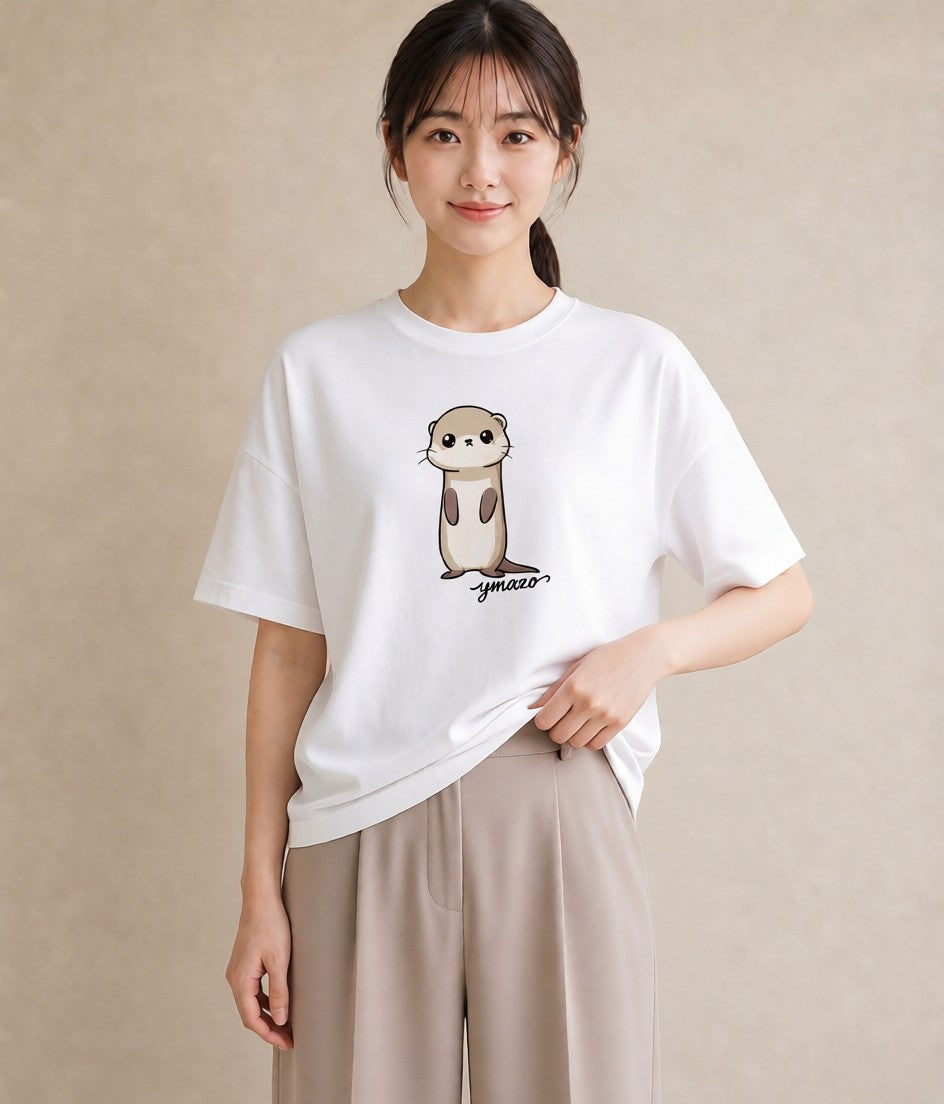 プリントTシャツ レディース カワウソ 動物 アニマル イラスト 手描き風 自分用 ルームウェア 白T