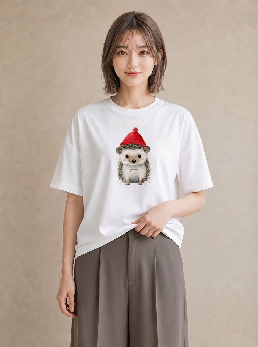 半袖Tシャツ レディース ハリネズミ ペット 動物 イラスト レトロ 公園 ママ 白T
