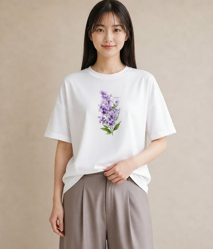 プリントTシャツ レディース ラベンダー 花 花柄 イラスト ラフカジュアル 友達ギフト 部屋着 白T