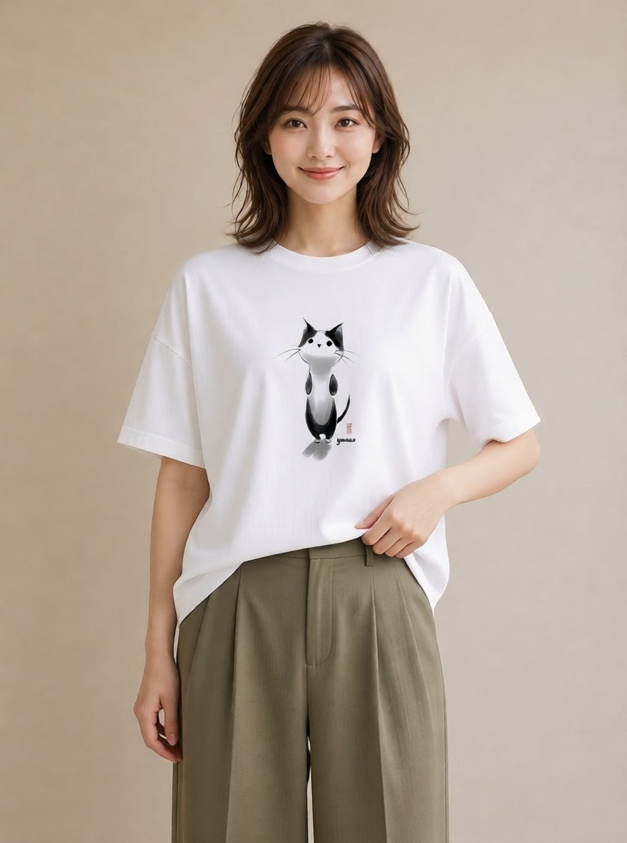 半袖Tシャツ レディース ハチワレ 白黒猫 猫 ねこ イラスト 抜け感 公園 ママ 白T