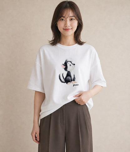 プリントTシャツ レディース 子犬 犬 いぬ イラスト きれいめ 在宅 公園 白T