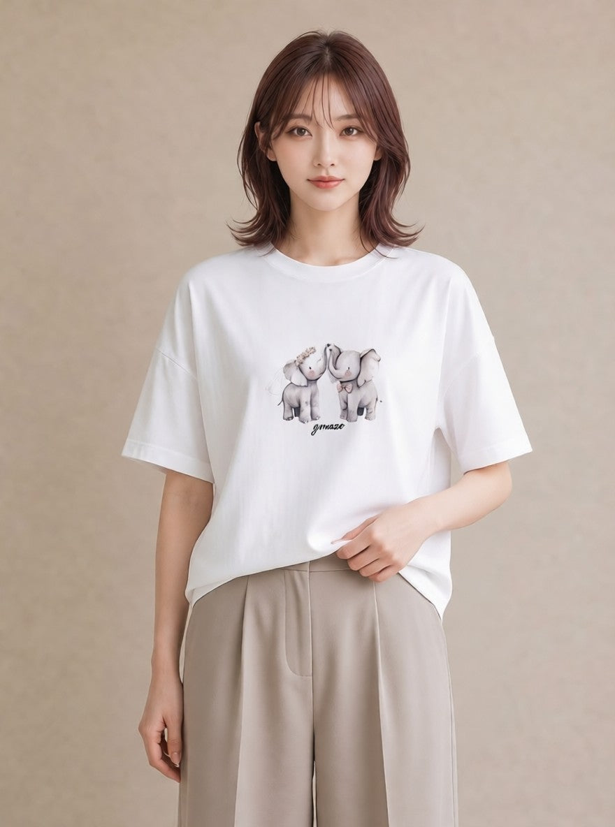 プリントTシャツ レディース ぞう 動物 アニマル イラスト ゆるかわ カフェ巡り 女子会 白T