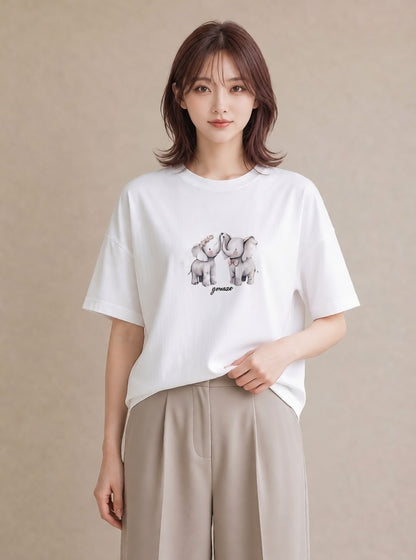 プリントTシャツ レディース ぞう 動物 アニマル イラスト ゆるかわ カフェ巡り 女子会 白T
