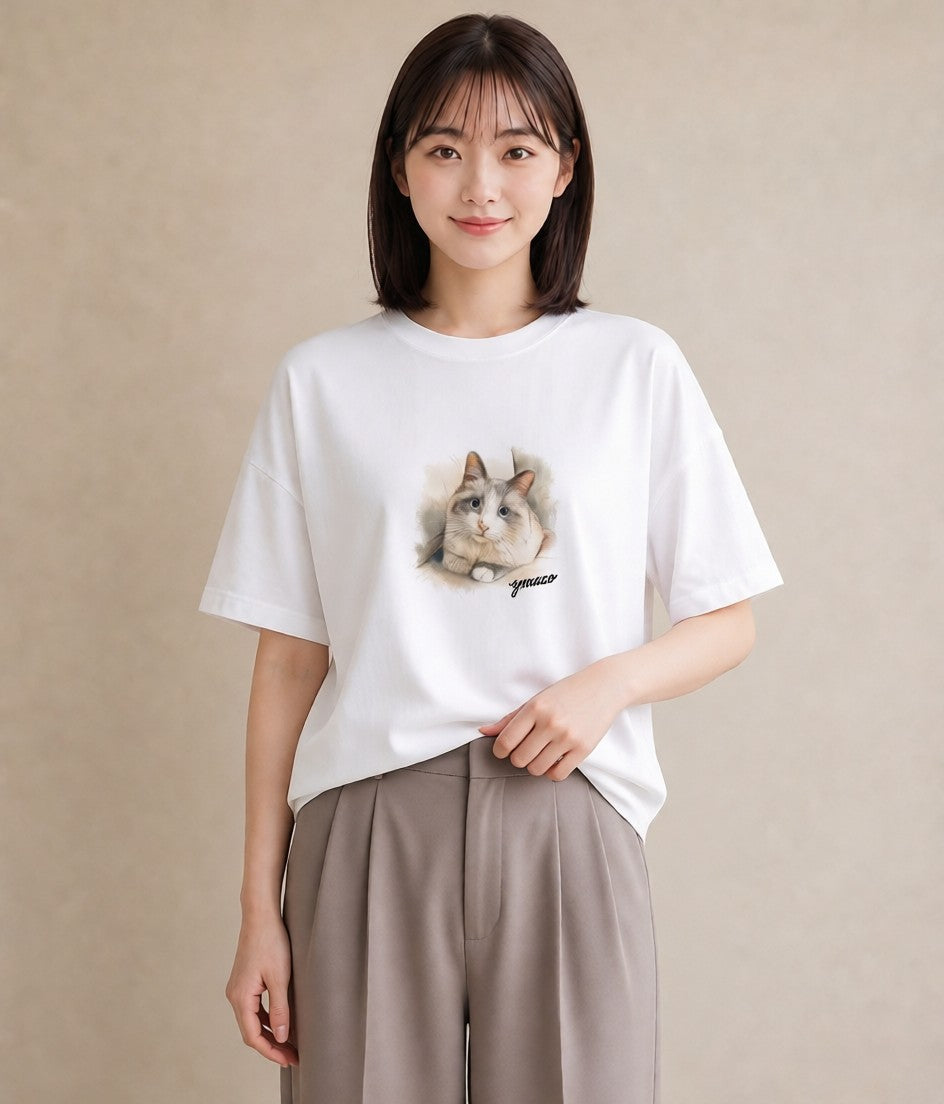 デザインTシャツ レディース サビ猫 猫 ねこ イラスト ボタニカル 休日 ペアコーデ 白T