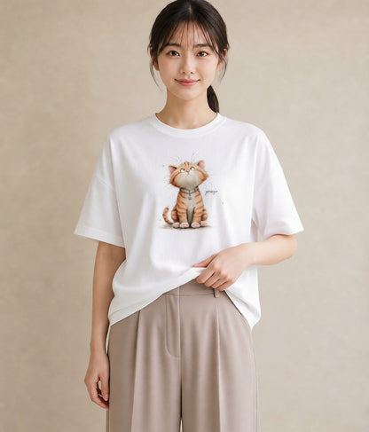 Tシャツ レディース キジトラ 猫 ねこ イラスト フェミニン お出かけ 普段着 白T