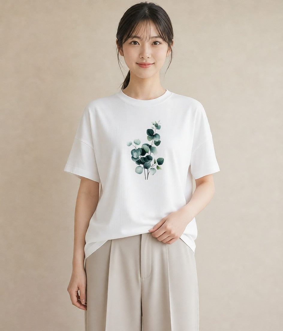 半袖Tシャツ レディース ユーカリ 植物 ボタニカル イラスト きれいめ 母の日 ビーチ 白T