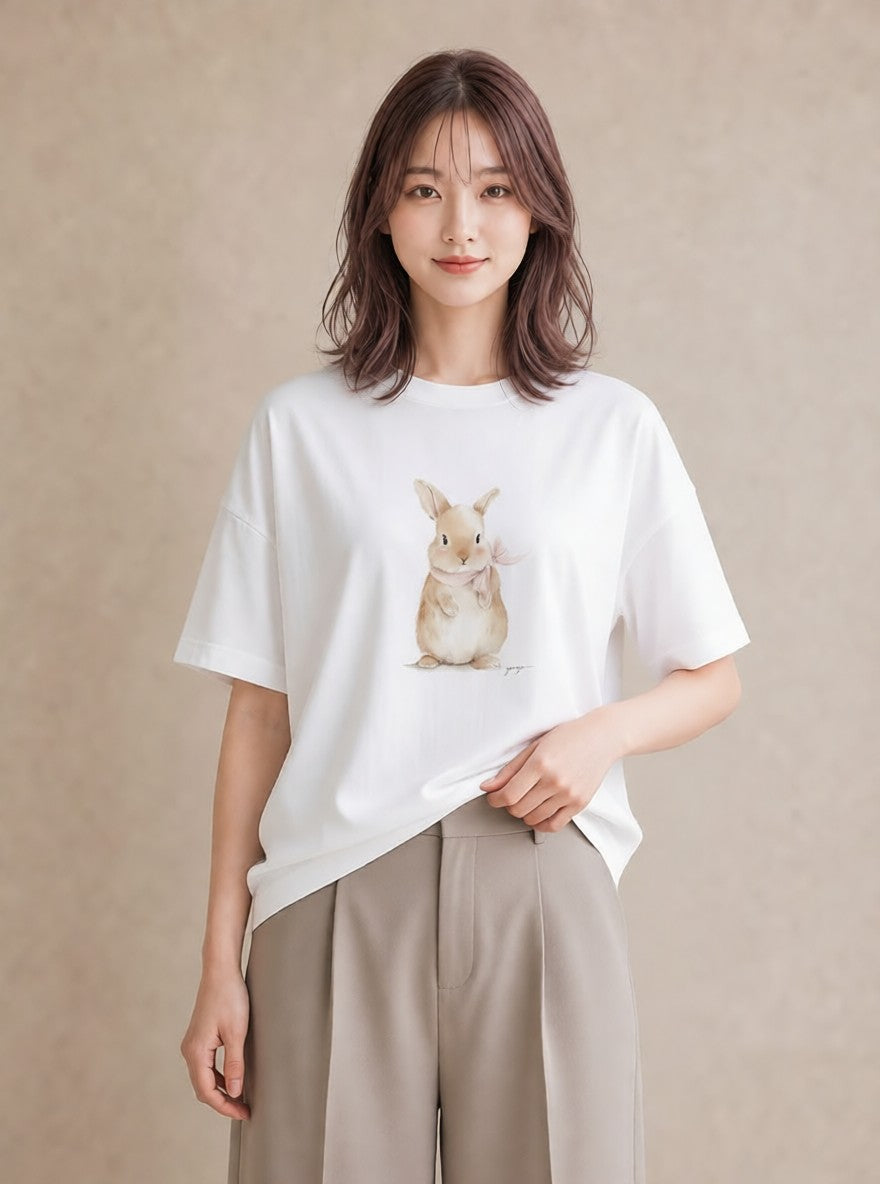 Tシャツ レディース ロップイヤー ペット 動物 イラスト ラフカジュアル 女子会 お揃い 白T