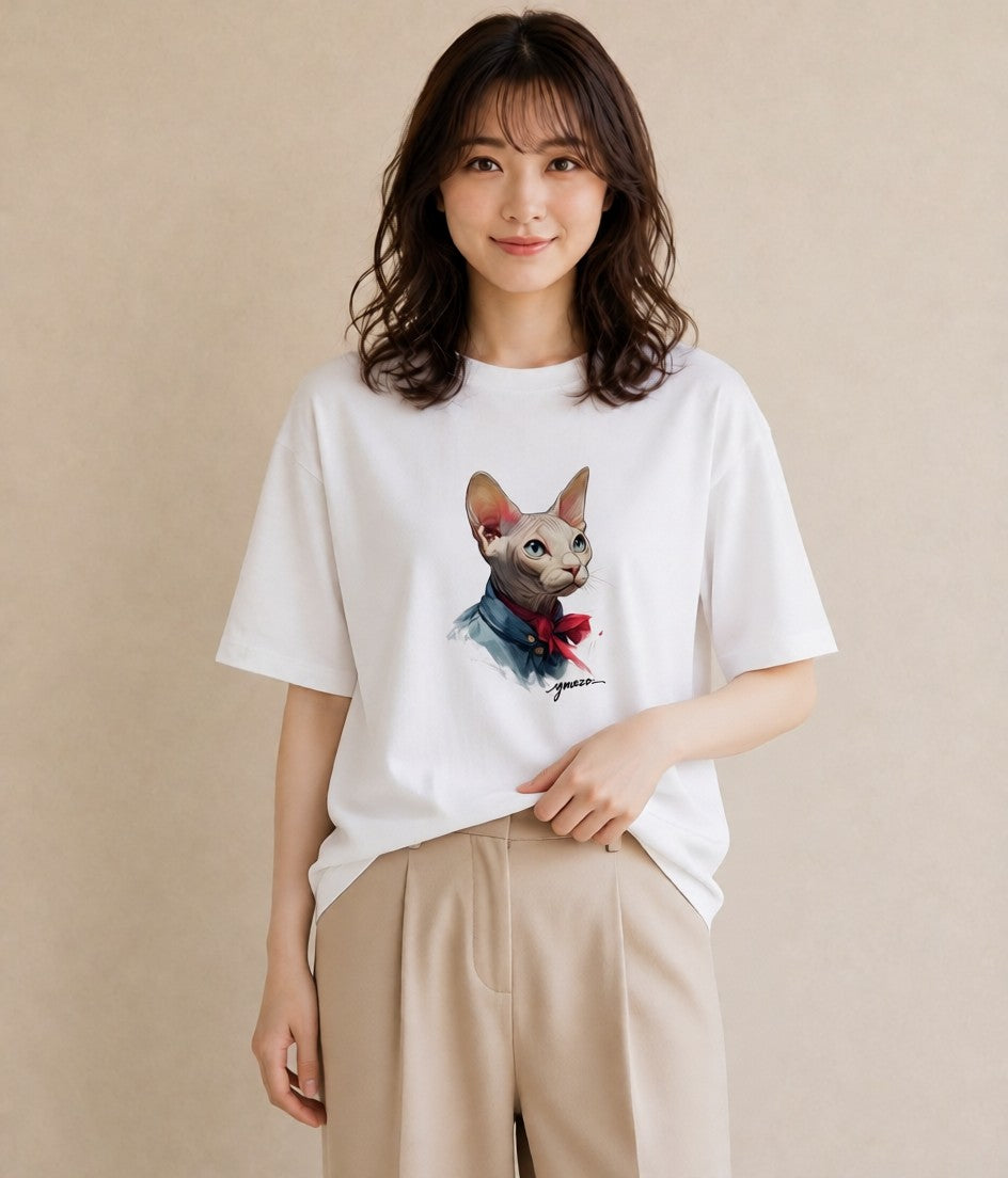 デザインTシャツ レディース スフィンクス 猫 ねこ イラスト 淡色 カフェ服 クリスマス 白T