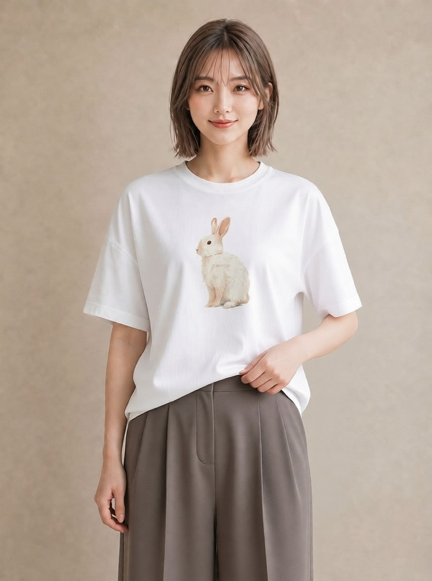 グラフィックTシャツ レディース ミニうさぎ ペット 動物 イラスト フェミニン 旅行用 海 白T
