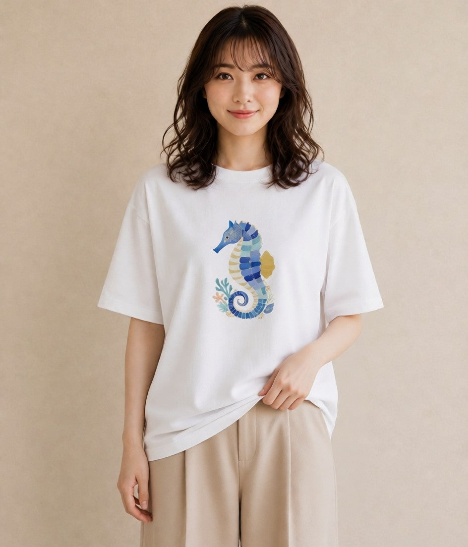 半袖Tシャツ レディース タツノオトシゴ 海の生き物 海 イラスト ミニマル お揃い 親子 白T