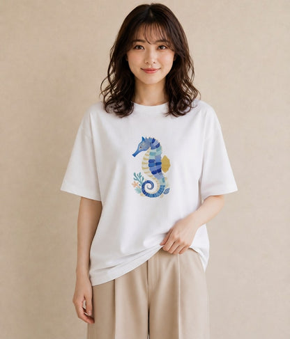 半袖Tシャツ レディース タツノオトシゴ 海の生き物 海 イラスト ミニマル お揃い 親子 白T