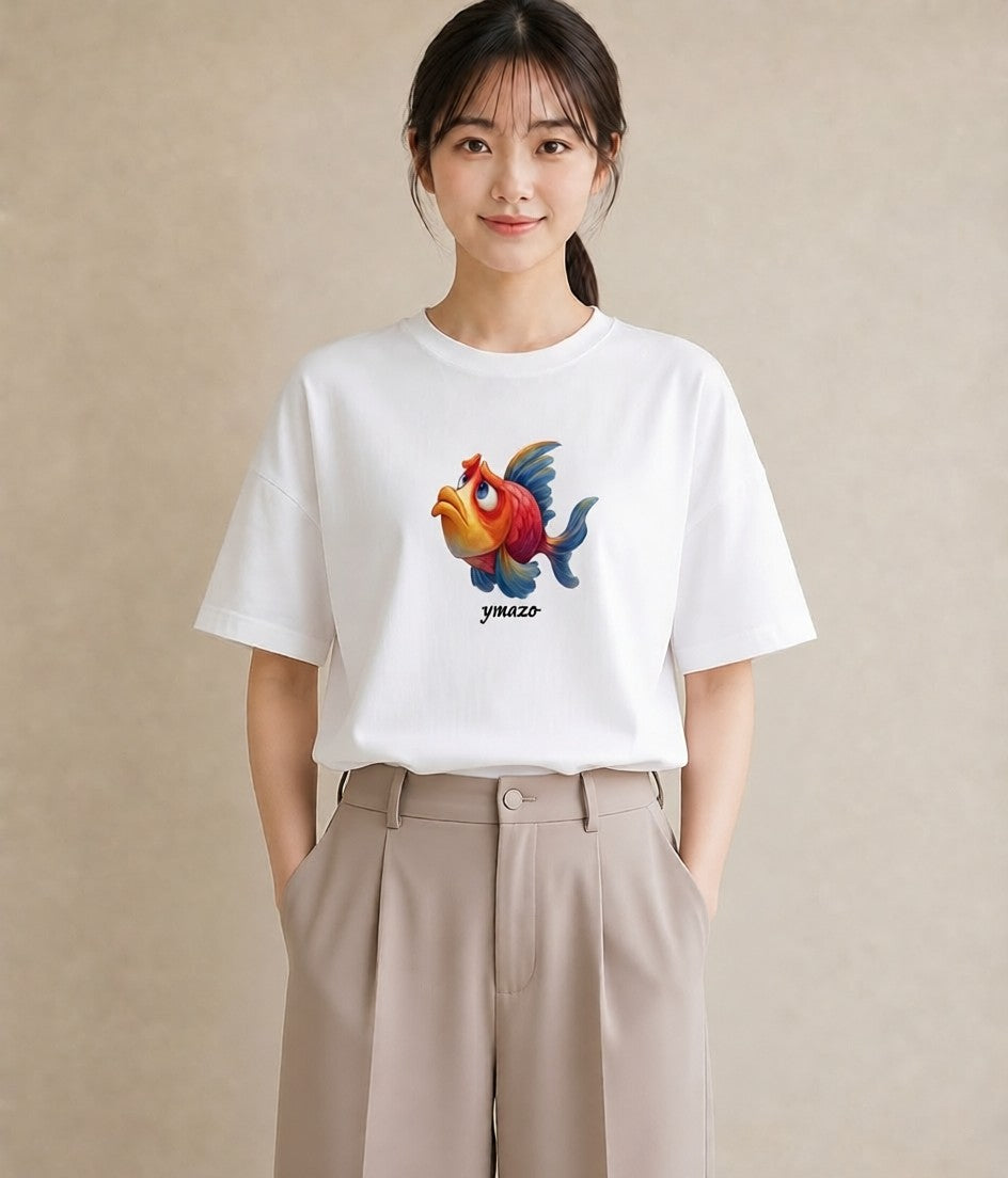 半袖Tシャツ レディース らんちゅう ペット 動物 イラスト お洒落 ペアコーデ 秋コーデ 白T