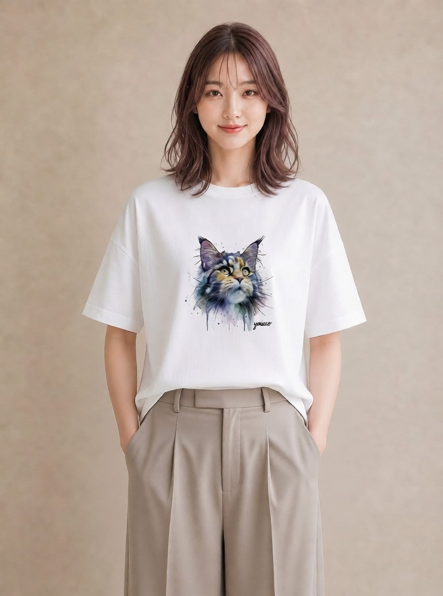 Tシャツ レディース ぶち猫 猫 ねこ イラスト シンプル ビーチ デイリーウェア 白T