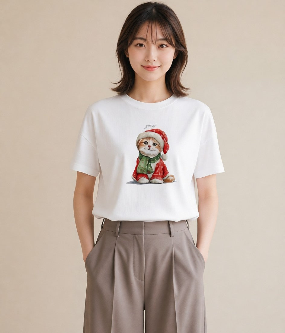 半袖Tシャツ レディース スコティッシュフォールド 猫 ねこ イラスト 線画 親子 20代 白T