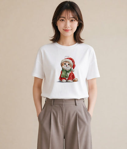 半袖Tシャツ レディース スコティッシュフォールド 猫 ねこ イラスト 線画 親子 20代 白T