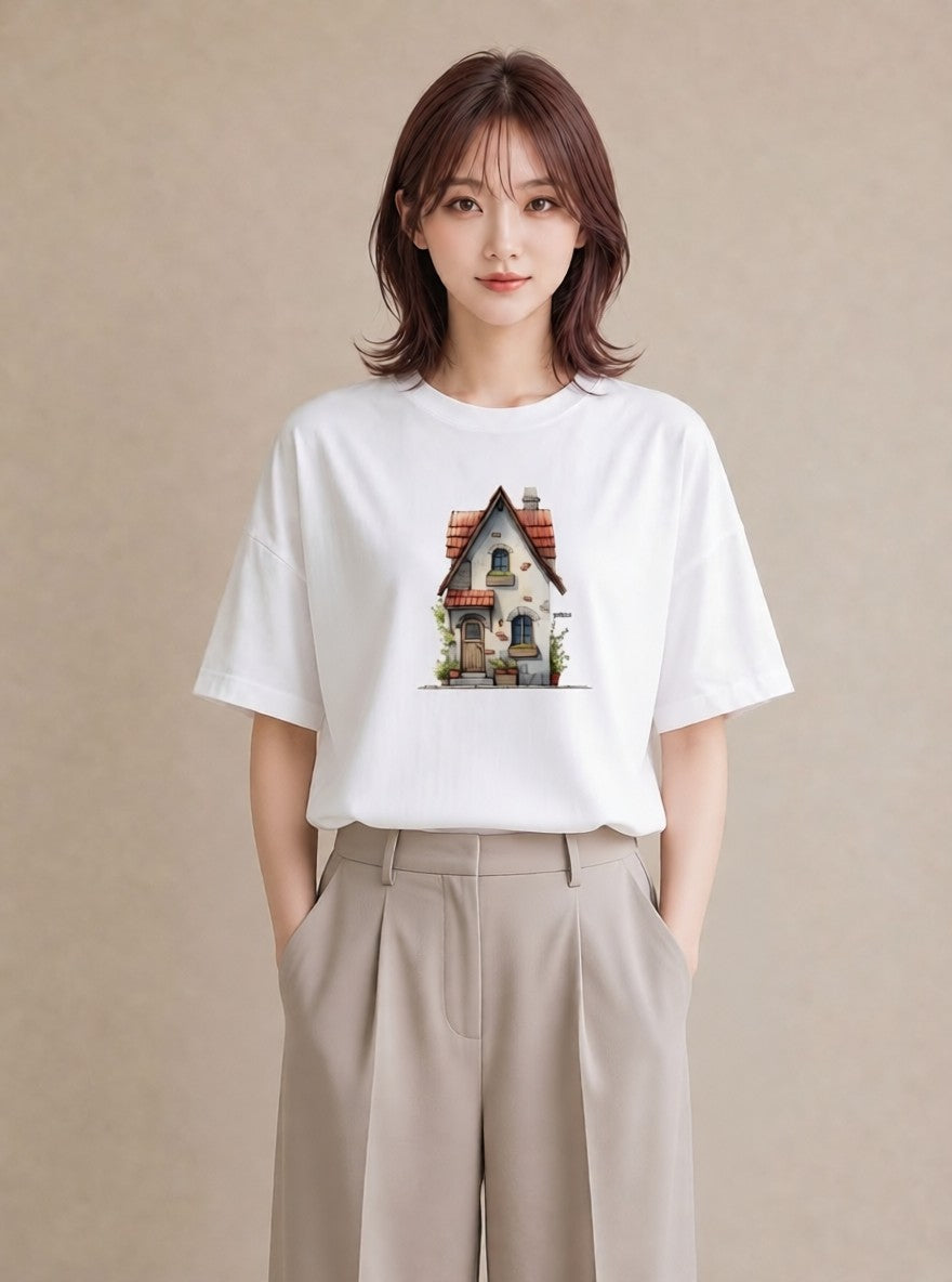 デザインTシャツ レディース 湖畔の小屋 湖 小屋 ナチュラル アンティーク イラスト こなれ感 カフェ服 クリスマス 白T