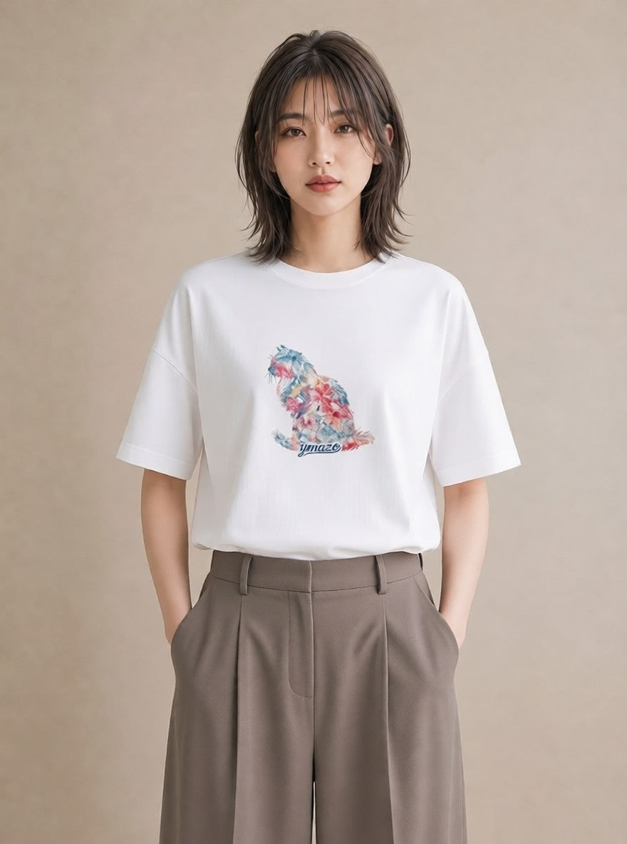 プリントTシャツ レディース シャム柄 猫 ねこ イラスト こなれ感 通勤 在宅 白T