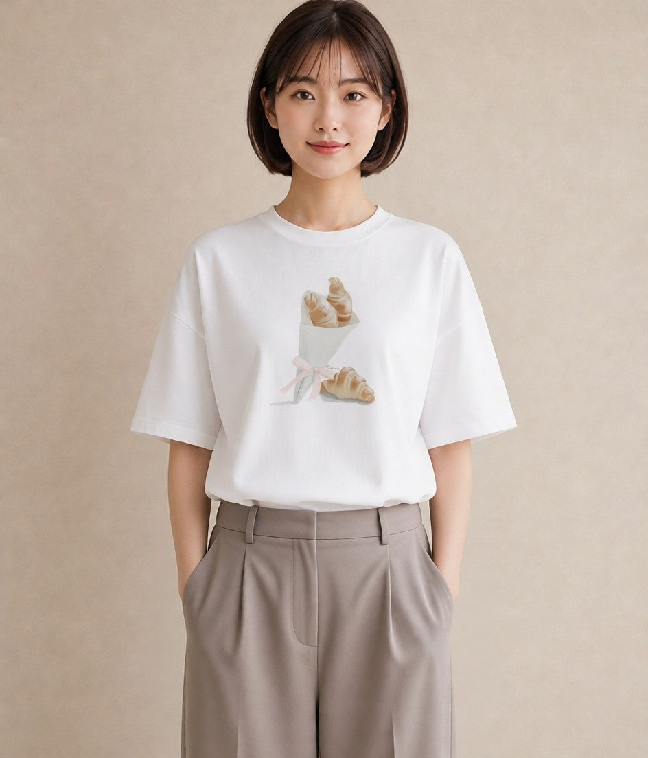 グラフィックTシャツ レディース クロワッサン 食べ物 フード イラスト 手描き風 女性向けギフト 散歩 白T