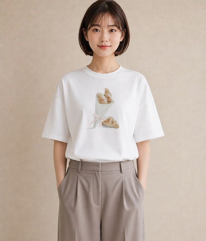 グラフィックTシャツ レディース クロワッサン 食べ物 フード イラスト 手描き風 女性向けギフト 散歩 白T