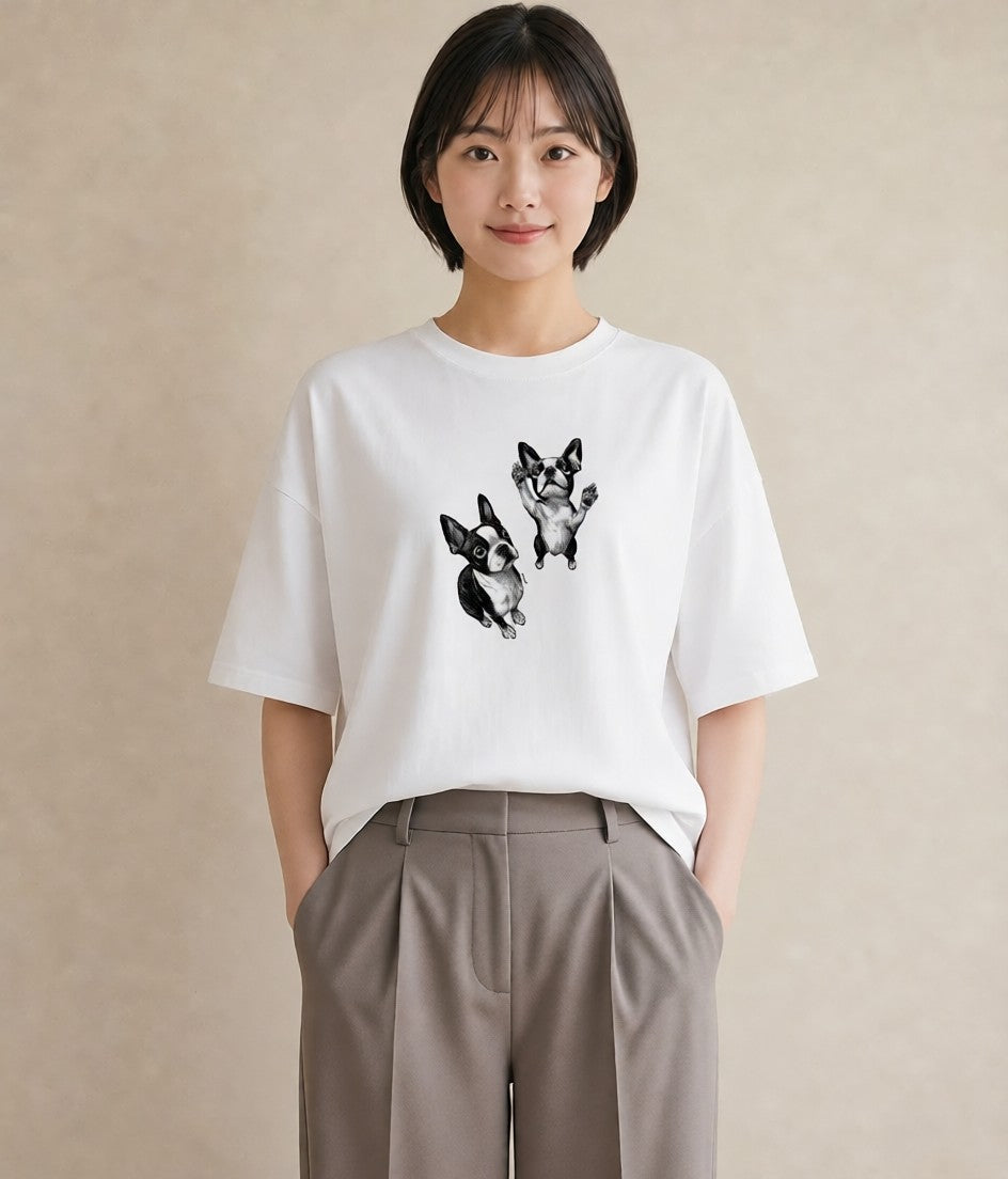 半袖Tシャツ レディース ボストンテリア 犬 いぬ イラスト ヴィンテージ風 秋コーデ おしゃれギフト 白T