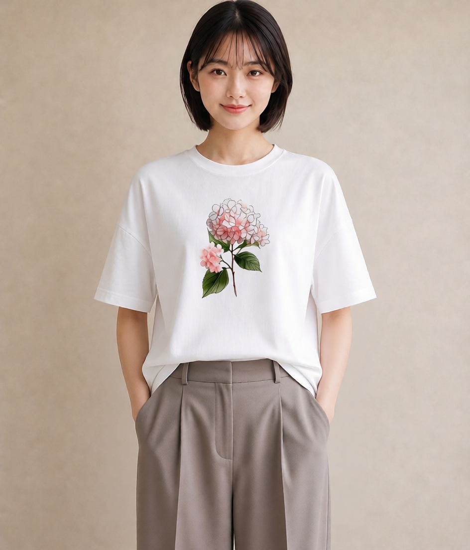 Tシャツ レディース あじさい 紫陽花 アジサイ 花 花柄 イラスト ナチュラル 部屋着 女性向けギフト 白T