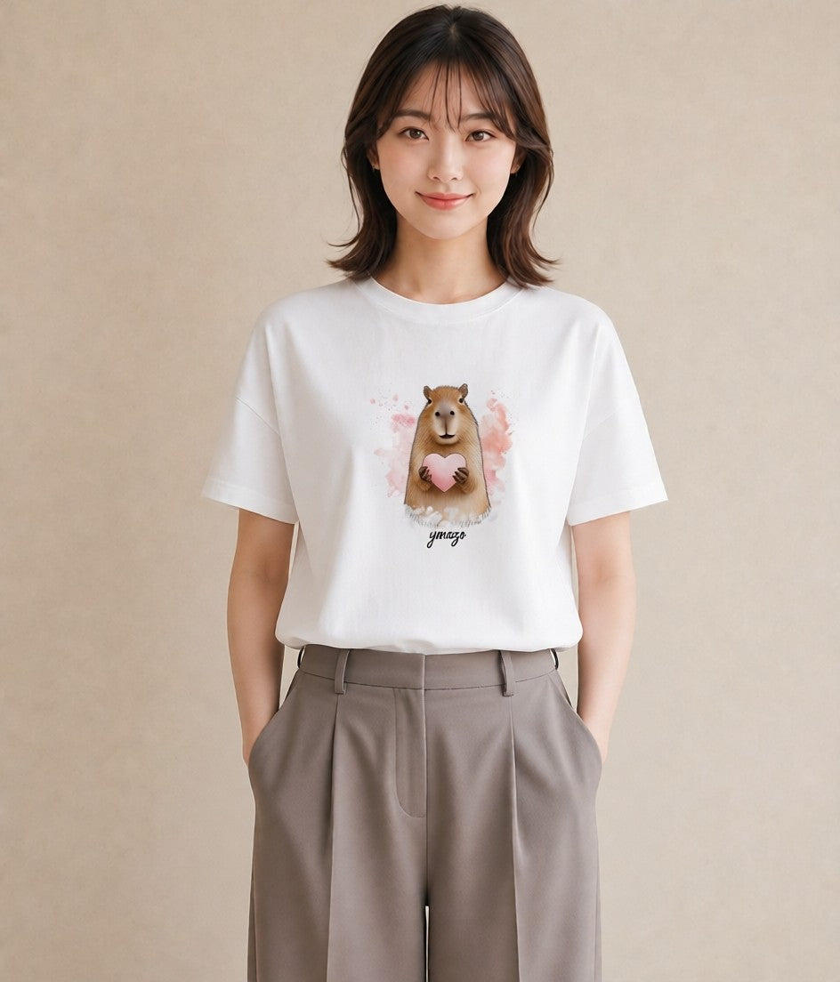 半袖Tシャツ レディース モルモット ペット 動物 イラスト 手描き風 誕生日プレゼント 綿100 白T