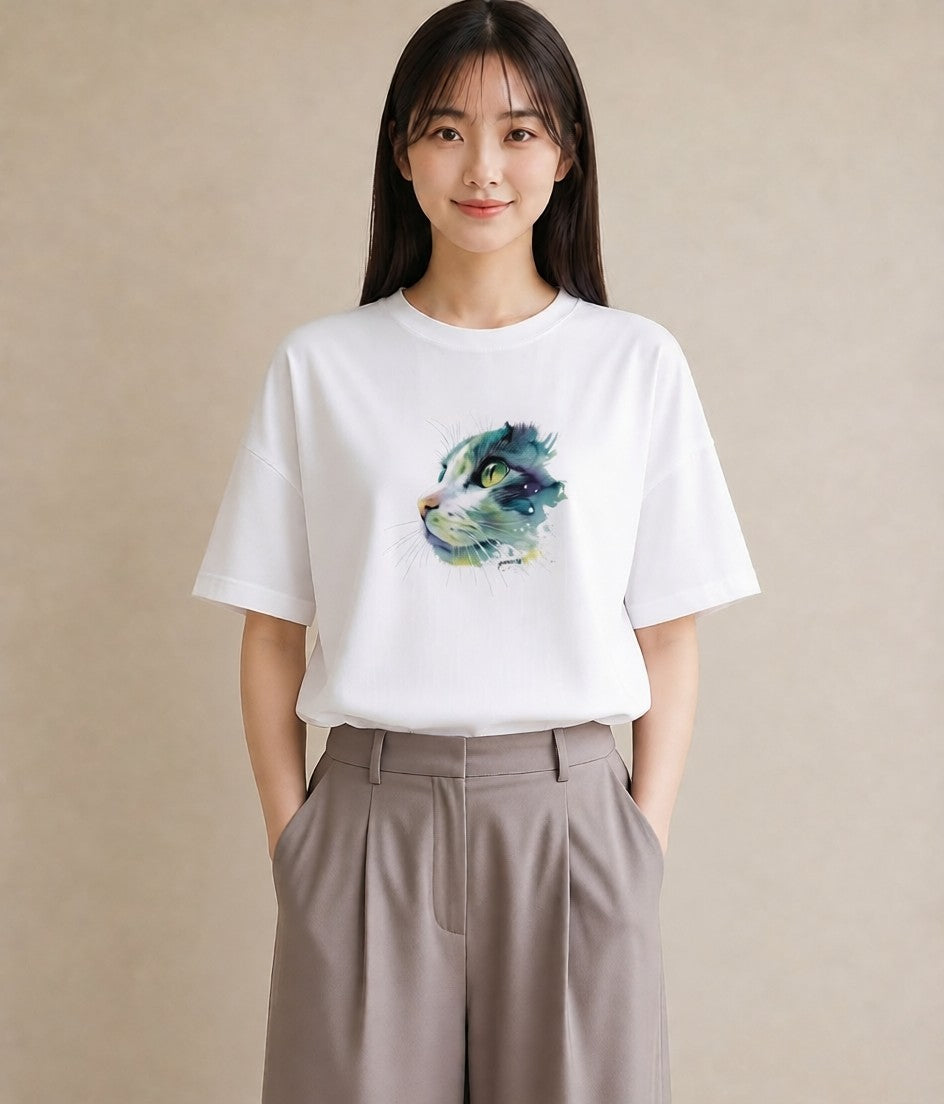 デザインTシャツ レディース ぶち猫 猫 ねこ イラスト ラフ 親子 20代 白T